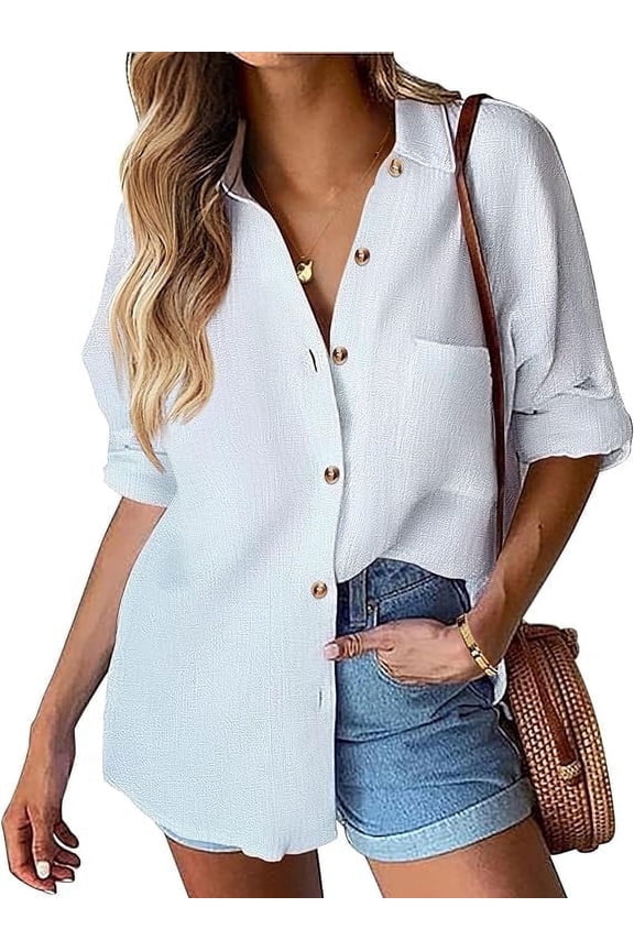 Womens Cotton Button Down Shirt Casual Long Sleeve Loose Fit Collared Linen Work Blouse Tops with Pocket
