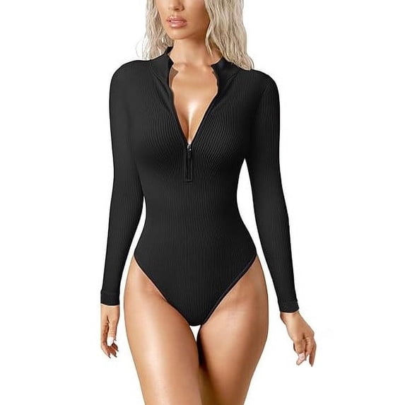Scacto Womens Long Sleeve Bodysuit Shirts Turtle Neck Zip Up Ribbed Tight Jumpsuit Tops Fall Outfits Clothes