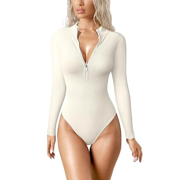 Scacto Womens Long Sleeve Bodysuit Shirts Turtle Neck Zip Up Ribbed Tight Jumpsuit Tops Fall Outfits Clothes