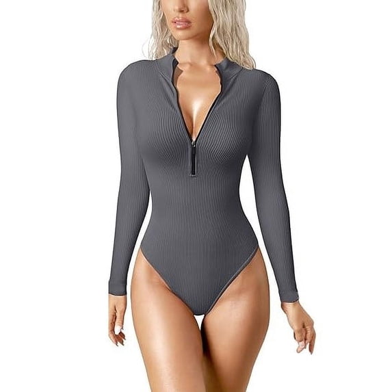 Scacto Womens Long Sleeve Bodysuit Shirts Turtle Neck Zip Up Ribbed Tight Jumpsuit Tops Fall Outfits Clothes