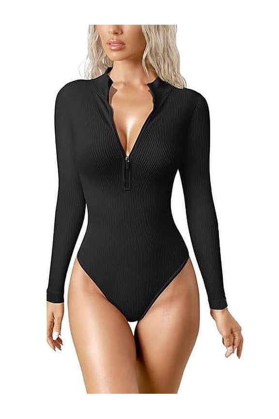 Womens Long Sleeve Bodysuit Shirts Turtle Neck Zip Up Ribbed Tight Jumpsuit Tops Fall Outfits Clothes