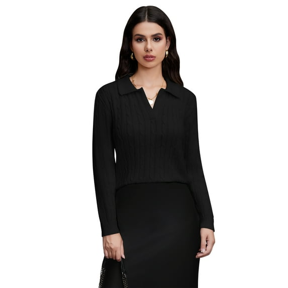 Scacto Womens Long Sleeve Sweater Tops Cable Knit Casual V Neck Polo Shirts