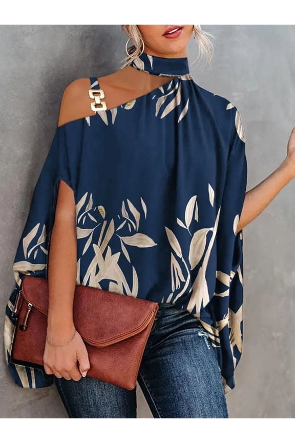 Womens Off The Shoulder Fashion Doll Sleeve Printed Shirt Flowy Tops Casual Batwing Sleeves Blouses Loose Chiffon Shirts