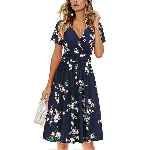 Scacto Womens Summer Dresses Boho Floral Printed Short Sleeve Casual Sundresses V Neck Beach Vacation Party Swing Dress with Pocket