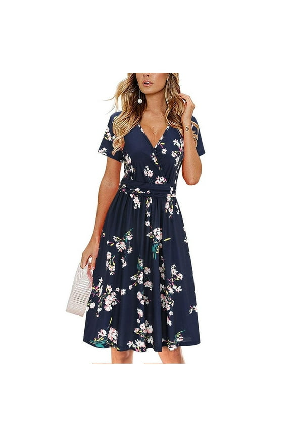 Womens Summer Dresses Boho Floral Printed Short Sleeve Casual Sundresses V Neck Beach Vacation Party Swing Dress with Pocket