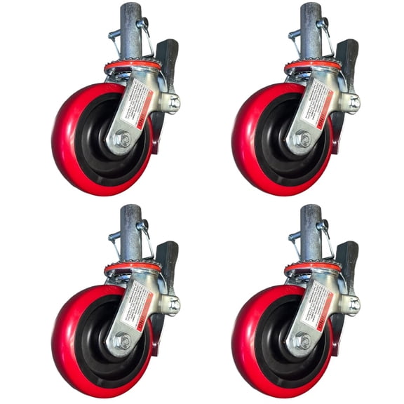 Scaffold Caster 6" x 2" Red PU Wheel Locking Brake 1-3/8" Stem 3600 lbs 4 pcs