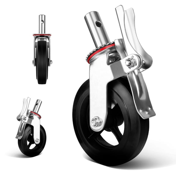 Scaffolding Wheels, Scaffold Wheels, Scaffold Caster, 8 Inch, Set of 4, Scaffolding Parts, Double Locking Brakes, Grease Fittings, Stem, Swivel, Heavy Duty, Rubber, Black, 6400LB Capacity