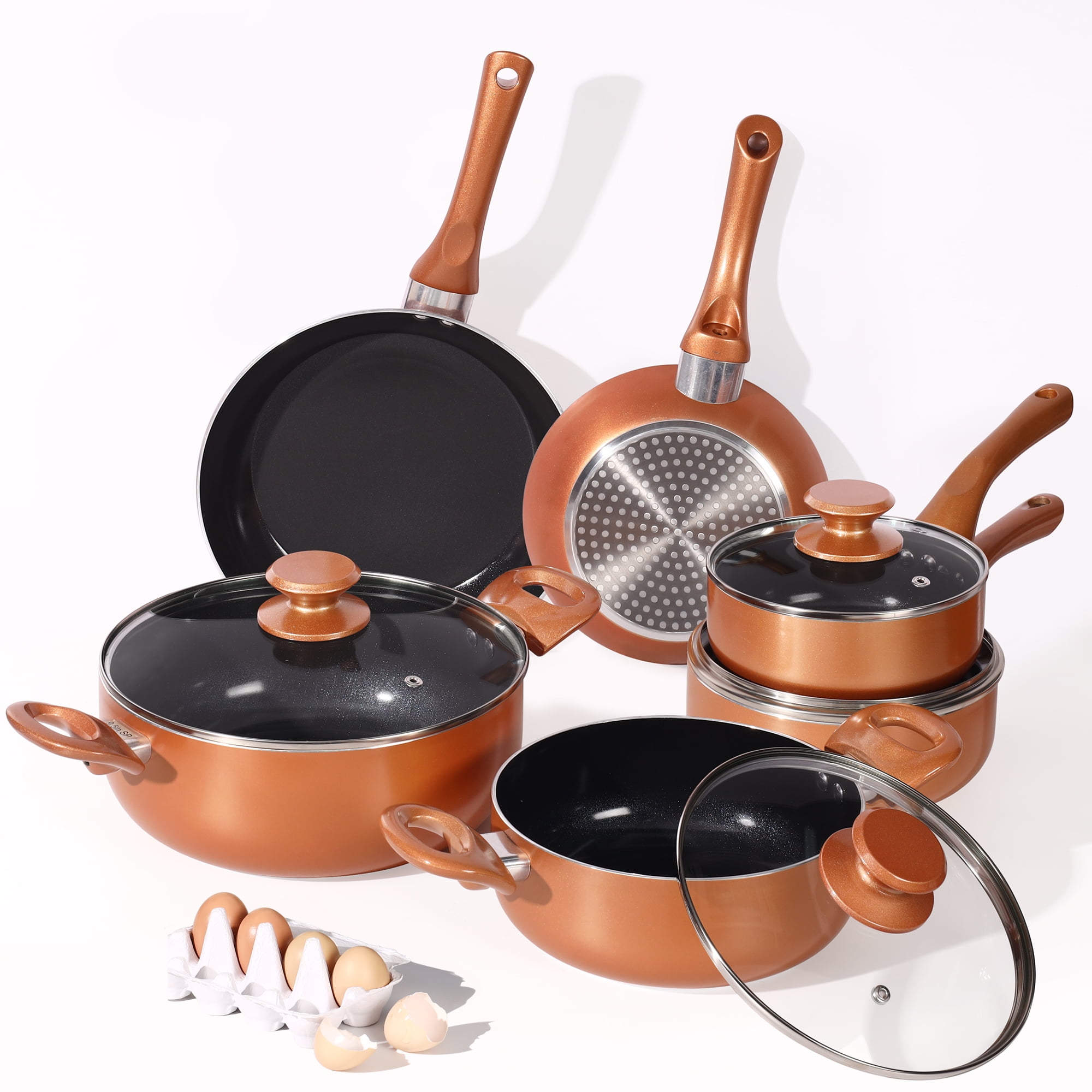 Fruiteam 6pcs Cookware Set Ceramic Nonstick Soup Pot/Sauce Pan/Frying Pans Set, Copper Aluminum Pan with Lid, Induction GAS Compatible, Black