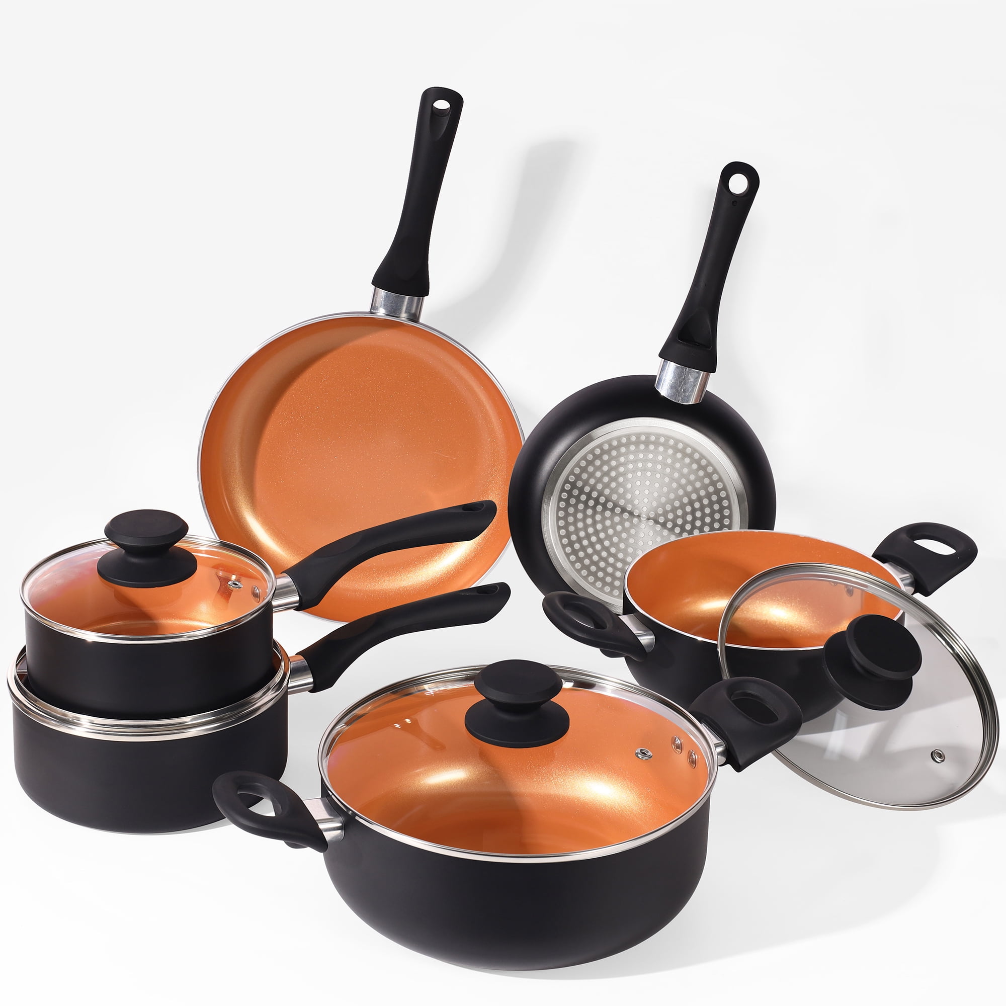 Scafild | 10-Piece Ceramic Nonstick Aluminum Cookware Set - Black & Copper