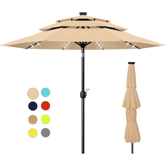 Scafild | 10ft Outdoor Patio Umbrellas with Solar Lights, 3 Tier Vented Large Market Table Umbrella with 8 Sturdy Ribs & 1.5" Pole UV Protection for Garden Deck Backyard Pool - Beige
