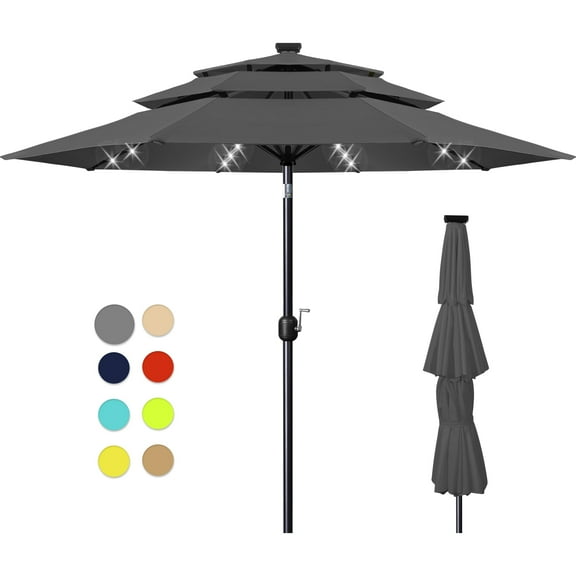 Scafild | 10ft Outdoor Patio Umbrellas with Solar Lights, 3 Tier Vented Large Market Table Umbrella with 8 Sturdy Ribs & 1.5" Pole UV Protection for Garden Deck Backyard Pool - Gray