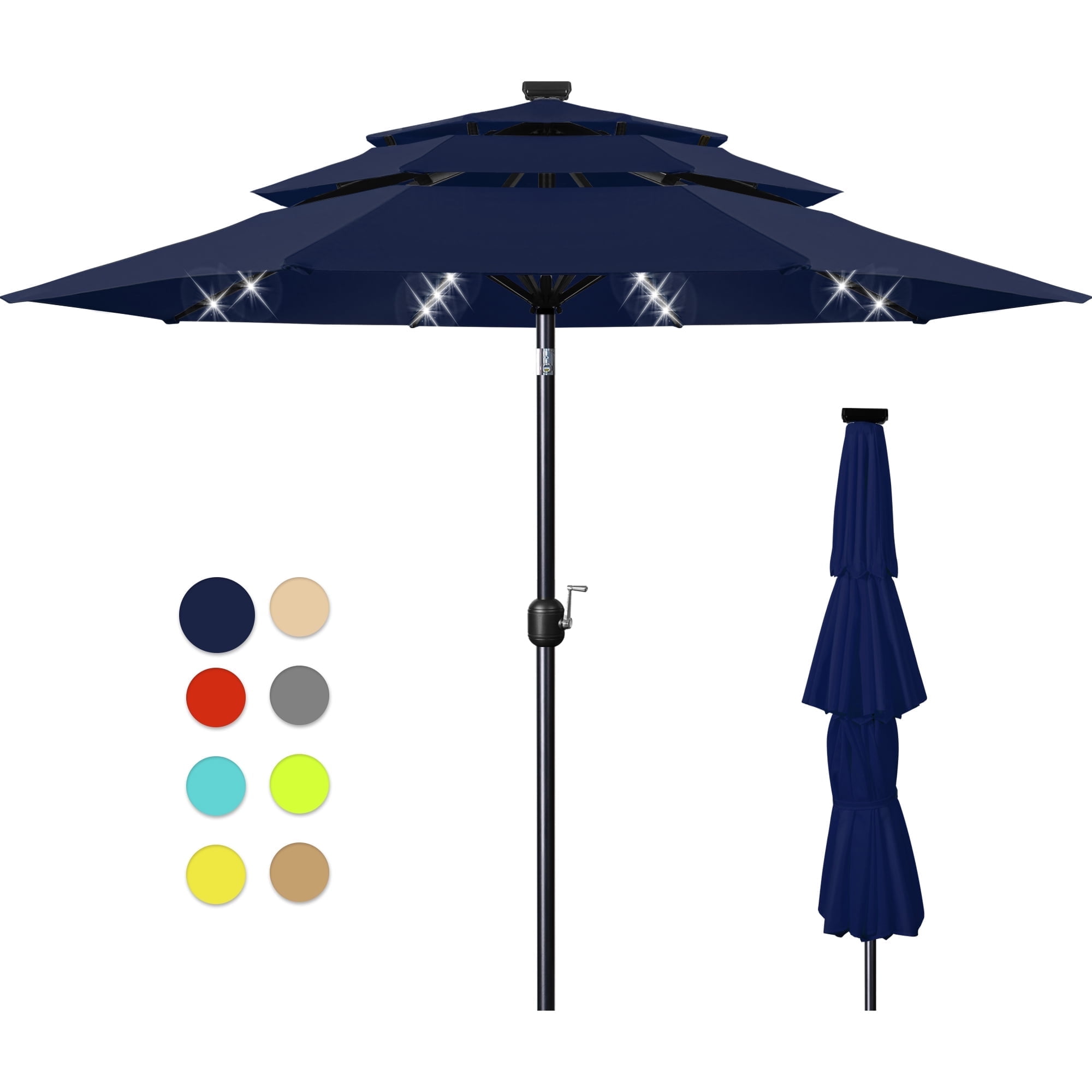 Scafild | 10ft Outdoor Patio Umbrellas with Solar Lights, 3 Tier Vented Large Market Table Umbrella with 8 Sturdy Ribs & 1.5" Pole UV Protection for Garden Deck Backyard Pool - Navy