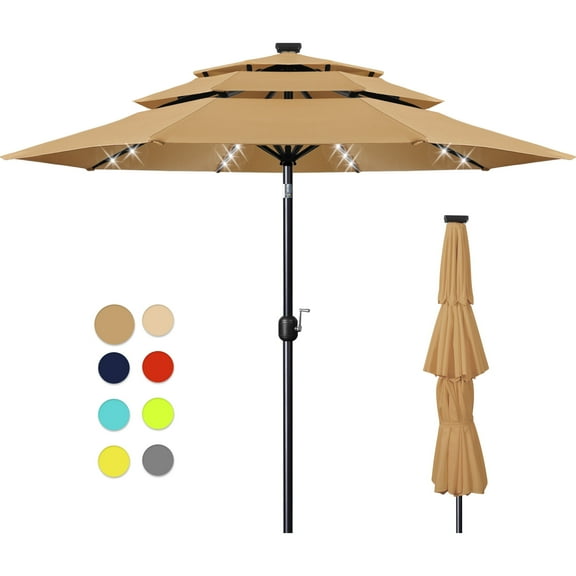 Scafild | 10ft Outdoor Patio Umbrellas with Solar Lights, 3 Tier Vented Large Market Table Umbrella with 8 Sturdy Ribs & 1.5" Pole UV Protection for Garden Deck Backyard Pool - Khaki