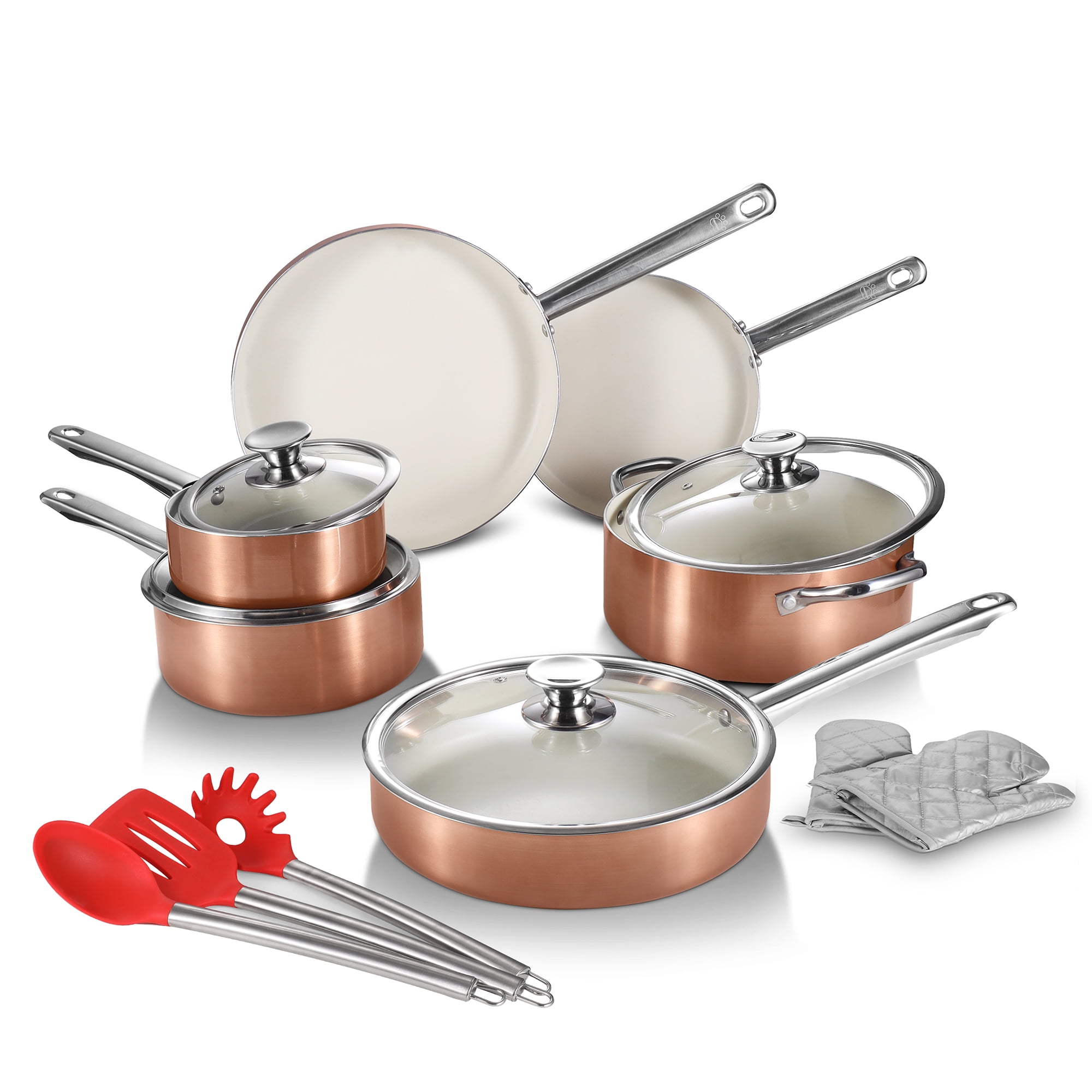 13-Piece Non-Stick Ceramic Cookware Set with Stainless Steel Handles - Rose Gold