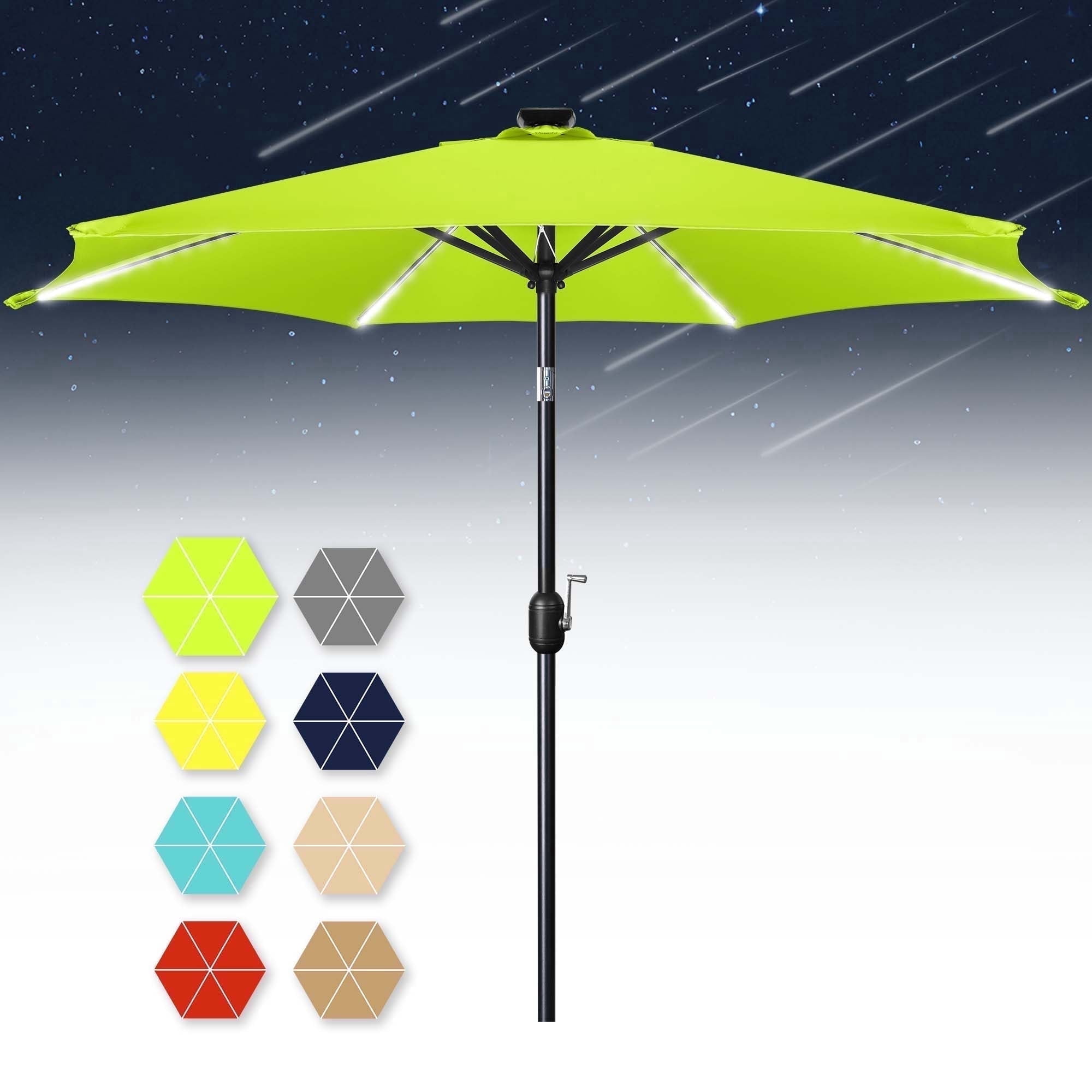 Scafild | 7.5FT Meteor Shower Lights Patio Umbrella, Outdoor Table Umbrella with 108 LED Solar Lights, Push Button Tilt and Crank, Market Umbrella for Garden, Deck, Backyard, Pool - Apply Green