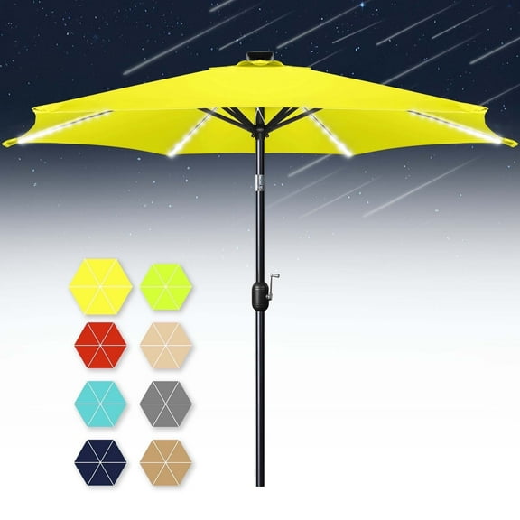 Scafild | 7.5FT Meteor Shower Lights Patio Umbrella, Outdoor Table Umbrella with 108 LED Solar Lights, Push Button Tilt and Crank, Market Umbrella for Garden, Deck, Backyard, Pool - Yellow