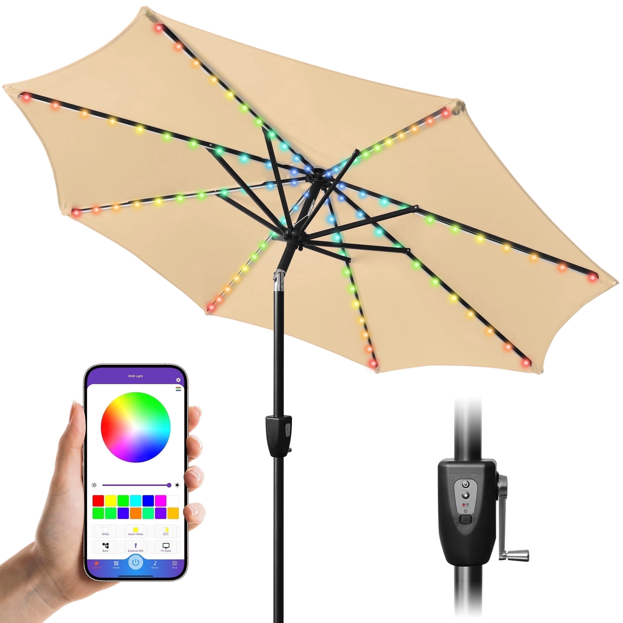 Scafild | 7.5ft Outdoor Patio Umbrella with Solar Lights, Outdoor Market Umbrella with Colorful LED Lights and Tilt and Crank - Beige