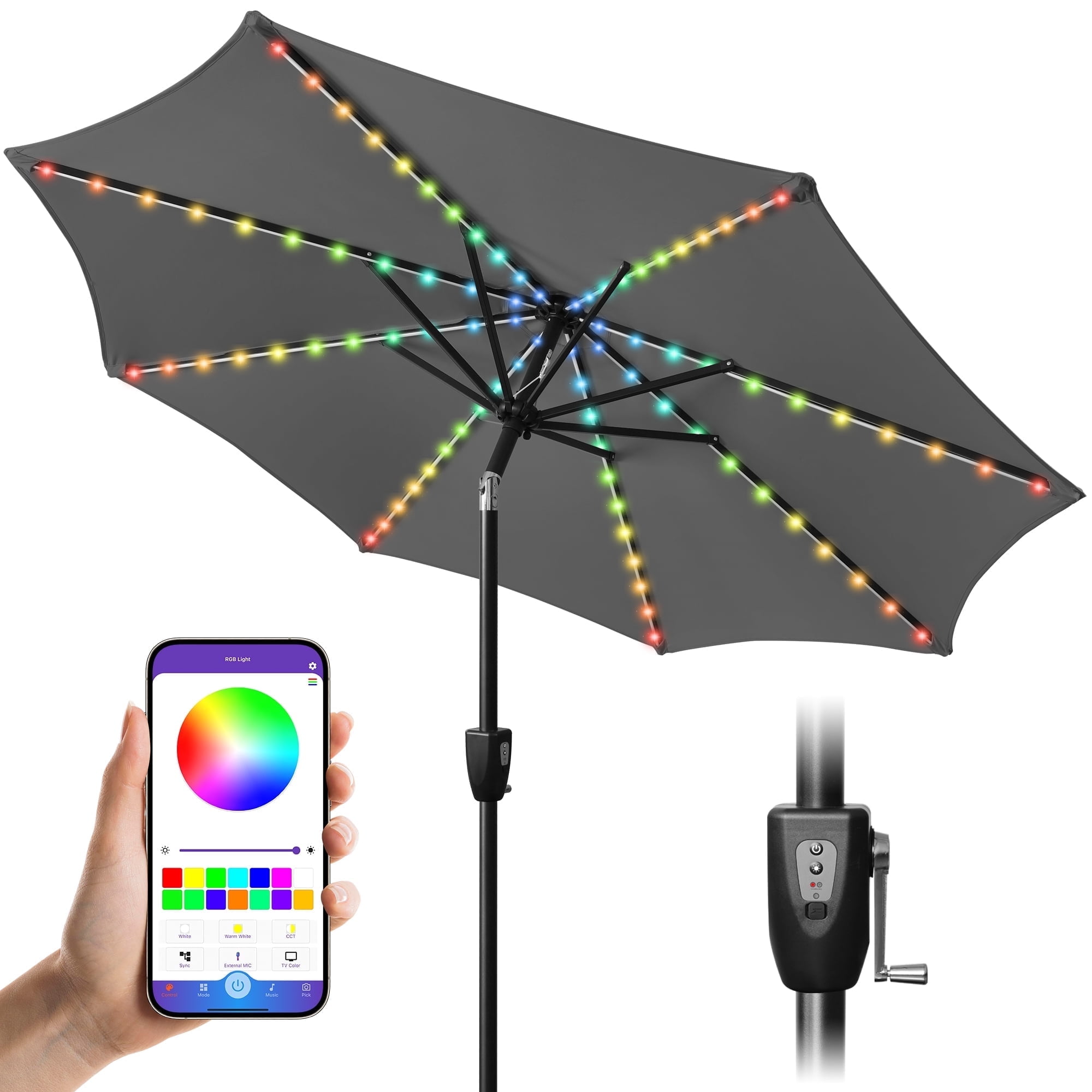 Scafild | 7.5ft Outdoor Patio Umbrella with Solar Lights, Outdoor Market Umbrella with Colorful LED Lights and Tilt and Crank - Gray