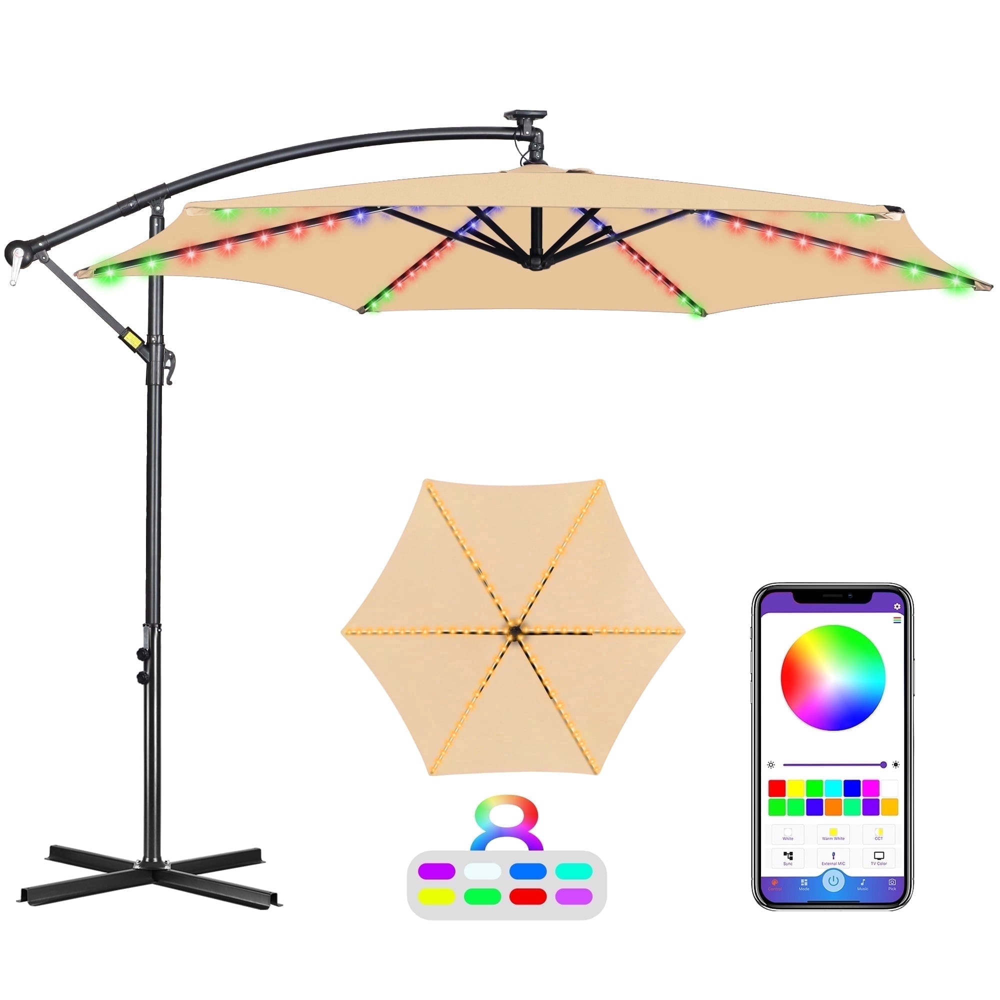 Scafild | 10 ft Colorful Lighted Cantilever Offset Hanging Outdoor Patio Umbrella W/ Easy Tilt - Off-white