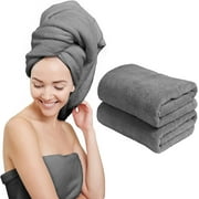Scala Microfiber Hair Towel Wrap, Anti Fizz, Super Absorbent and Quick Dry for Women, 24'' X 48", Gray, 2-Pack