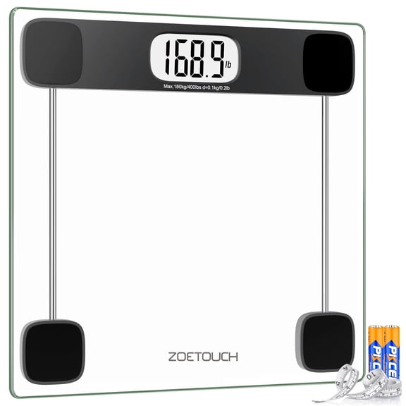 Scale for Body Weight, Accurate Bathroom Scales, Digital Weighing Machine People, 400lb Capacity, LCD Display, Step-On Technology, Tempered Glass, Measuring Tape Included