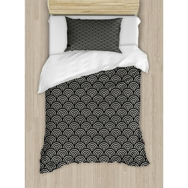 Scale Duvet Cover Set Twin Size, Overlapping Half Circle Arcs Modern Art Deco style Geometric Composition, Decorative 2 Piece Bedding Set with 1 Pillow Sham, Cream and Charcoal Grey, by Ambesonne