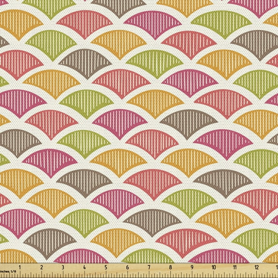 Ambesonne Scale Fabric by the Yard Upholstery, Retro Half Circle Motif, 10 Yards, Multicolor