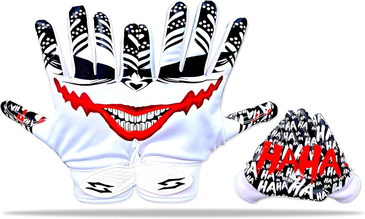 Scale Wear Design Grin Reaper Football Receiver Gloves - Tacky Sticky Grip Skin Tight Adult Pro Elite Super Performance Youth Man Boy Men Sizes Joker (White, Youth XS)
