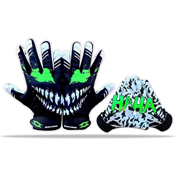 Scale Wear Design Toxic Venom Football Receiver Gloves - Tacky Sticky Grip Skin Tight Adult Pro Elite Super Performance Youth Man Boy Men Sizes (Black-Green, Youth - XL)