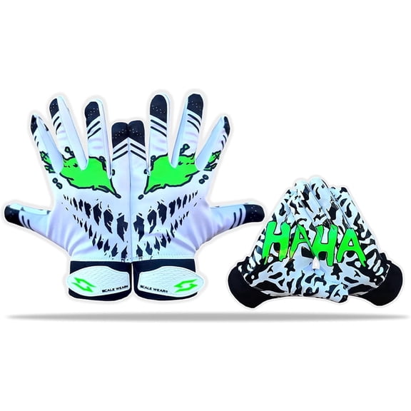 Scale Wear Design Toxic Venom Football Receiver Gloves - Tacky Sticky Grip Skin Tight Adult Pro Elite Super Performance Youth Man Boy Men Sizes (White-Green, Youth - M)