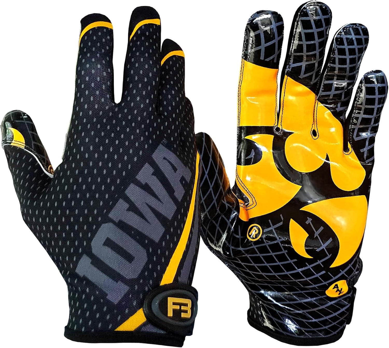 Scale Wear Design University of Iowa Hawkeyes Football Gloves with Super Stick-Tach Silicone Grip Palms. Men's & Youth Boys Sticky Football Receiver Gloves (Black, Adult-M)