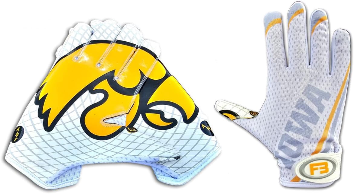 Scale Wear Design University of Iowa Hawkeyes Football Gloves with Super Stick-Tach Silicone Grip Palms. Men's & Youth Boys Sticky Football Receiver Gloves (White, Youth-L)