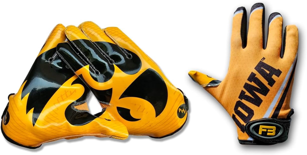 Scale Wear Design University of Iowa Hawkeyes Football Gloves with Super Stick-Tach Silicone Grip Palms. Men's & Youth Boys Sticky Football Receiver Gloves (Yellow, Adult-XL)