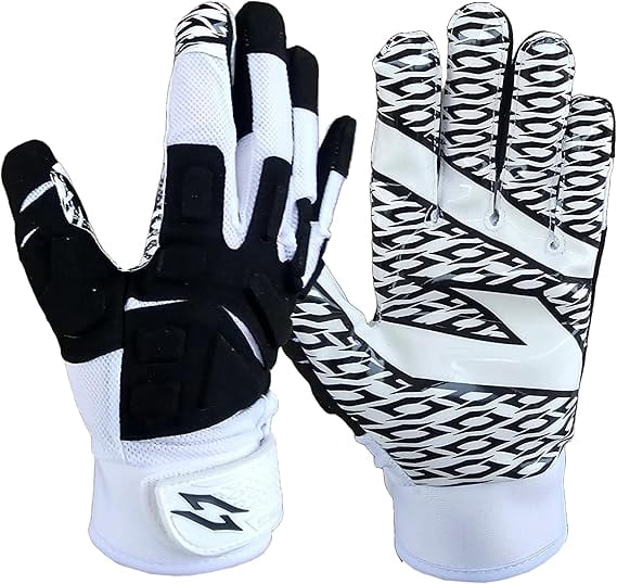 Scale Wear Design White Stealth Football Lineman Gloves with Tach Grip Silicone Palms. Adult Men's Youth Boys Sticky Lineman Wide Receiver Flag Football Boost Your Game (Youth-Small, White-Black)