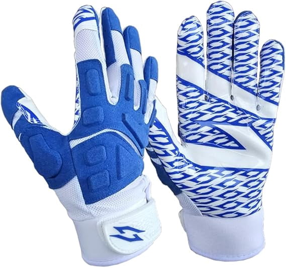 Scale Wear Design White Stealth Football Lineman Gloves with Tach Grip Silicone Palms. Adult Men's Youth Boys Sticky Lineman Wide Receiver Flag Football Boost Your Game (Youth-Medium, White-Blue)
