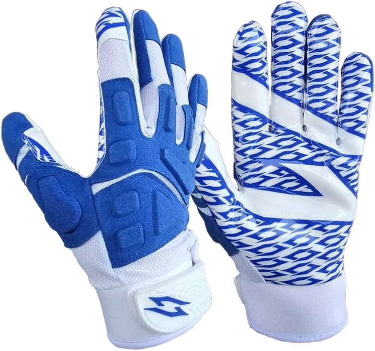 Scale Wear Design White Stealth Football Lineman Gloves with Tach Grip Silicone Palms. Adult Men's Youth Boys Sticky Lineman Wide Receiver Flag Football Boost Your Game! (Adult-XXL, White-Blue)