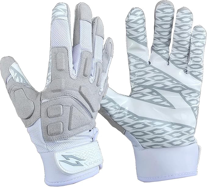 Scale Wear Design White Stealth Football Lineman Gloves with Tach Grip Silicone Palms. Adult Men's Youth Boys Sticky Lineman Wide Receiver Flag Football Boost Your Game! (Youth-XL, White-Grey)