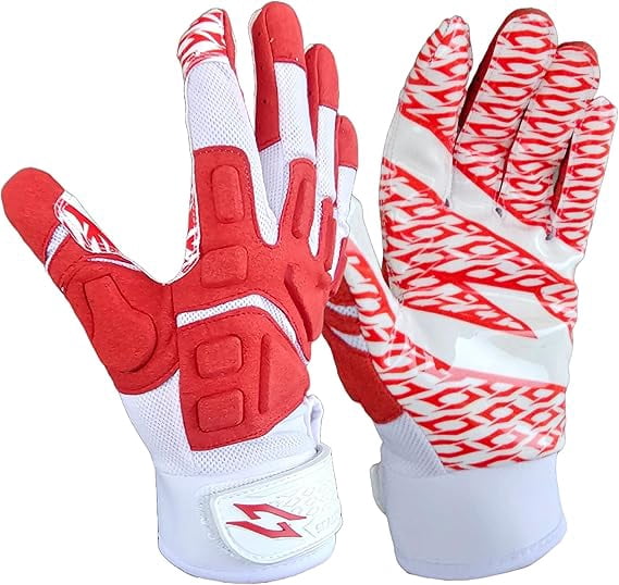 Scale Wear Design White Stealth Football Lineman Gloves with Tach Grip Silicone Palms. Adult Men's Youth Boys Sticky Lineman Wide Receiver Flag Football Boost Your Game! (Youth-Small, White-Red)