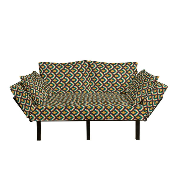 Scales Futon Couch, Colorful Japanese Squama Inspired Pattern with Traditional Stripes Illustration, Daybed with Metal Frame Upholstered Sofa for Living Dorm, Loveseat, Multicolor, by Ambesonne