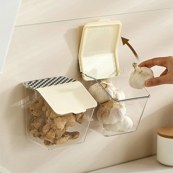 Scallion Ginger Garlic Storage Box, Wall Mounted Kitchen Seasoning Basket, Non-Perforated Transparent Plastic Container with Lid, White, 13.5x12.6x11cm