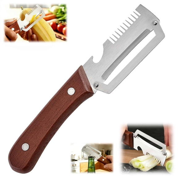 Scallion Slicer Multifunctional Vegetable Peeler 3 in 1 Wooden Handle Kitchen Gadget with Bottle Opener & Grater
