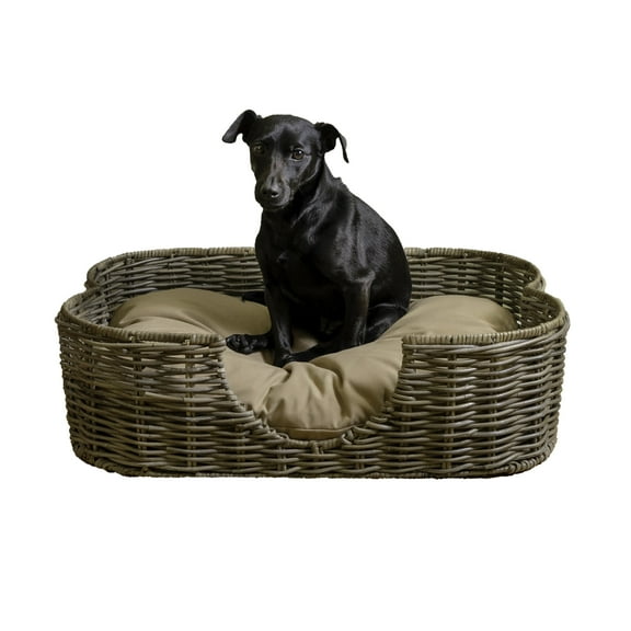 THE LICKER STORE Scallop 27" x 18.25" Tropical Handwoven Rattan Pet Bed with Machine Washable Cushion, Kubu Gray, DBD1002A