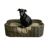 THE LICKER STORE Scallop 27" x 18.25" Tropical Handwoven Rattan Pet Bed with Machine Washable Cushion, Kubu Gray, DBD1002A