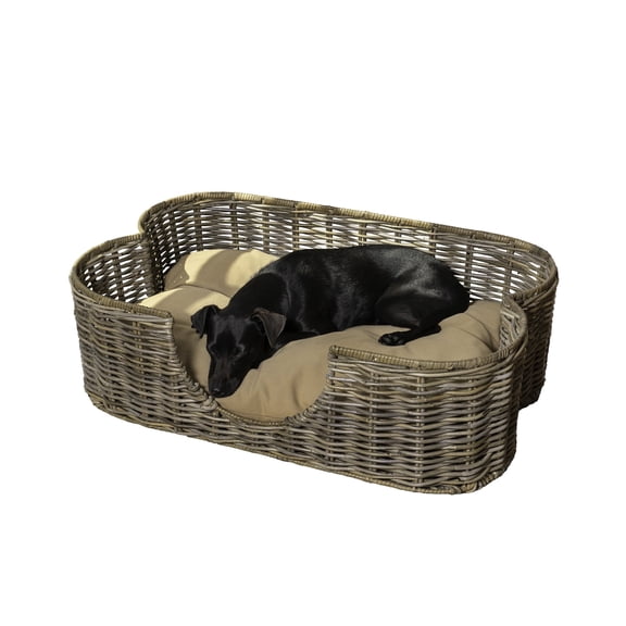 THE LICKER STORE Scallop 31" x 20" Tropical Handwoven Rattan Pet Bed with Machine Washable Cushion, Kubu Gray, DBD1003A