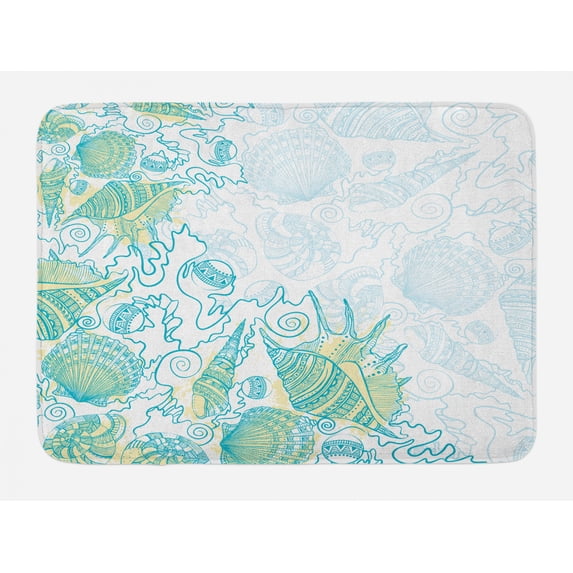 Scallop Bath Mat, Marine Sea Shell with Grunge Elements Nautical Water Color Splash Look, Plush Bathroom Decor Mat with Non Slip Backing, 29.5" X 17.5", Pale Yellow Sea Blue, by Ambesonne