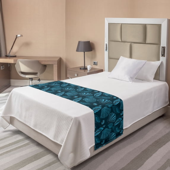 Scallop Bed Runner, Repetitive Seashell Aquatic Underwater Sea Creatures Pattern, Decorative Accent Bedding Scarf for Hotels Homes and Guestrooms, Twin, Petrol Blue, by Ambesonne