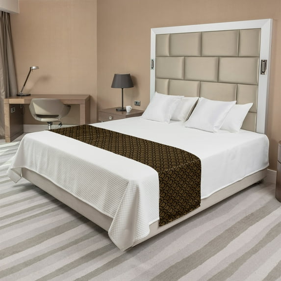 Scallop Bed Runner, Vintage Abstract Hand Drawn Art Deco Inspired Seashells in Earth Tones, Decorative Accent Bedding Scarf for Hotels Homes and Guestrooms, Queen, Caramel Charcoal Grey, by Ambesonne