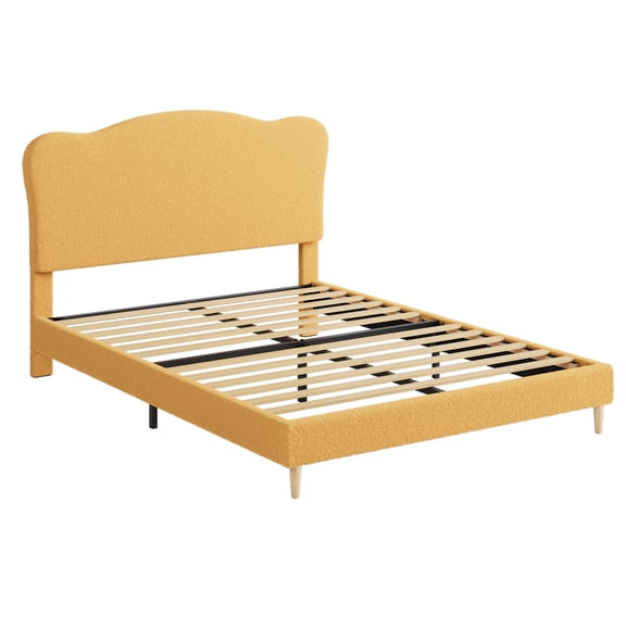 Scallop Boucle Headboard Platform Bed Frame - Upholstered Twin, soft Fabric, Sturdy Wood Slats, No Box Spring, Noise-Free, Easy Assembly, Yellow, TWIN
