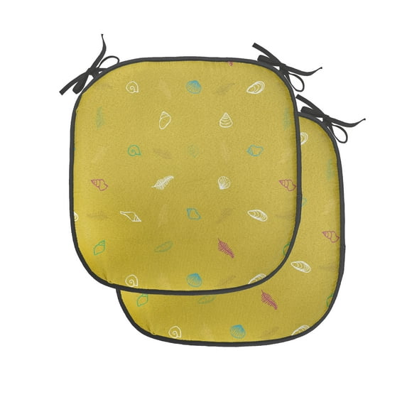 Scallop Chair Seating Cushion Set of 2, Simplistic Continuous Ornaments Snail Shell Sea Fern, Seat Pads for Office with Anti-slip Backing, 16"x16", Khaki Multicolor, by Ambesonne
