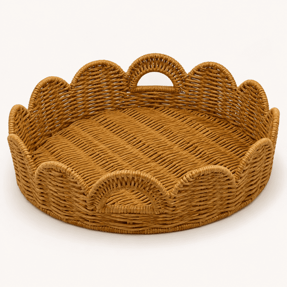 Scallop Decorative Tray with Rounded Handles, Woven Rattan Serving and Display Tray, 10 in x 4 in